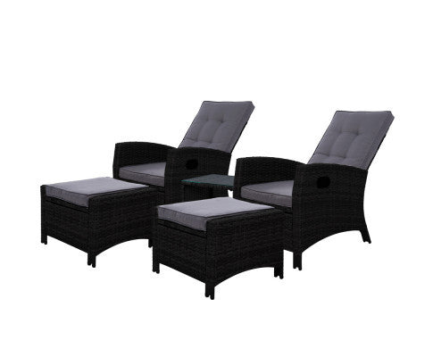 VALTINA OUTDOOR 5 PIECE WICKER RECLINER LOUNG SETTING - BLACK