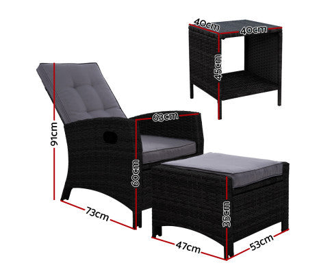 VALTINA OUTDOOR 5 PIECE WICKER RECLINER LOUNG SETTING - BLACK
