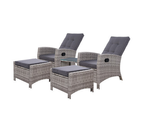 VALTINA OUTDOOR 5 PIECE WICKER RECLINER LOUNG SETTING - GREY