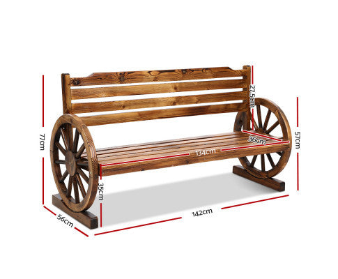 ROSHAN OUTDOOR WOODEN 3 SEATER WAGON WHEEL BENCH - AS PICTURED