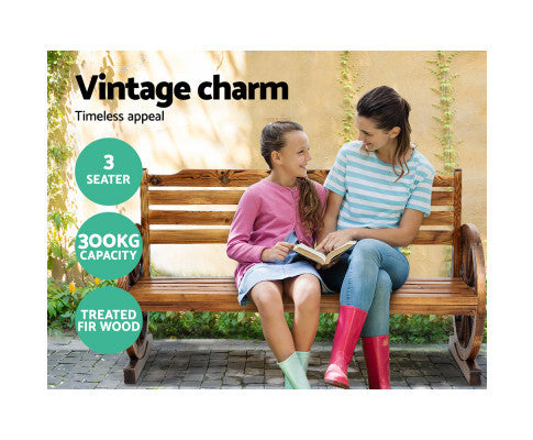 ROSHAN OUTDOOR WOODEN 3 SEATER WAGON WHEEL BENCH - AS PICTURED