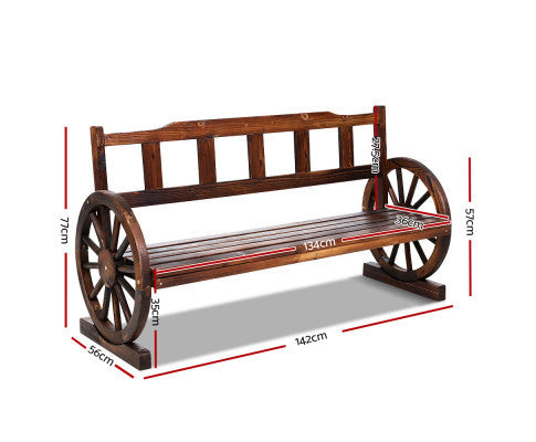 RASHID OUTDOOR WOODEN 3 SEATER WAGON WHEEL BENCH - AS PICTURED