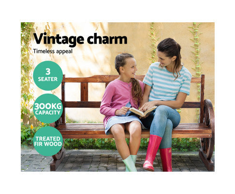 RASHID OUTDOOR WOODEN 3 SEATER WAGON WHEEL BENCH - AS PICTURED