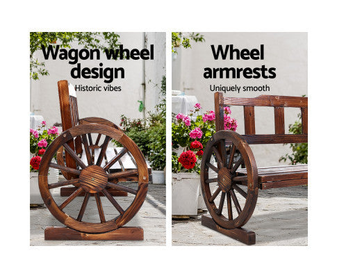 RASHID OUTDOOR WOODEN 3 SEATER WAGON WHEEL BENCH - AS PICTURED