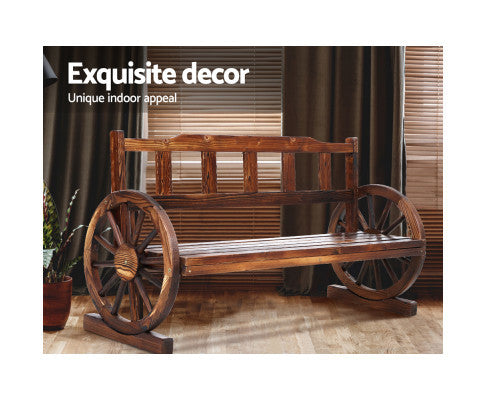 RASHID OUTDOOR WOODEN 3 SEATER WAGON WHEEL BENCH - AS PICTURED