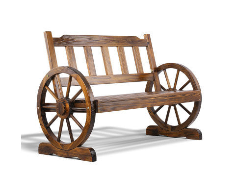 RASHID OUTDOOR WOODEN 2 SEATER WAGON WHEEL BENCH - AS PICTURED