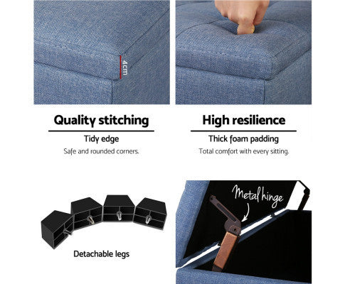 PREMIUM UPHOLSTERED FABRIC STORAGE OTTOMAN - 370(H) X 970(W) - BLUE