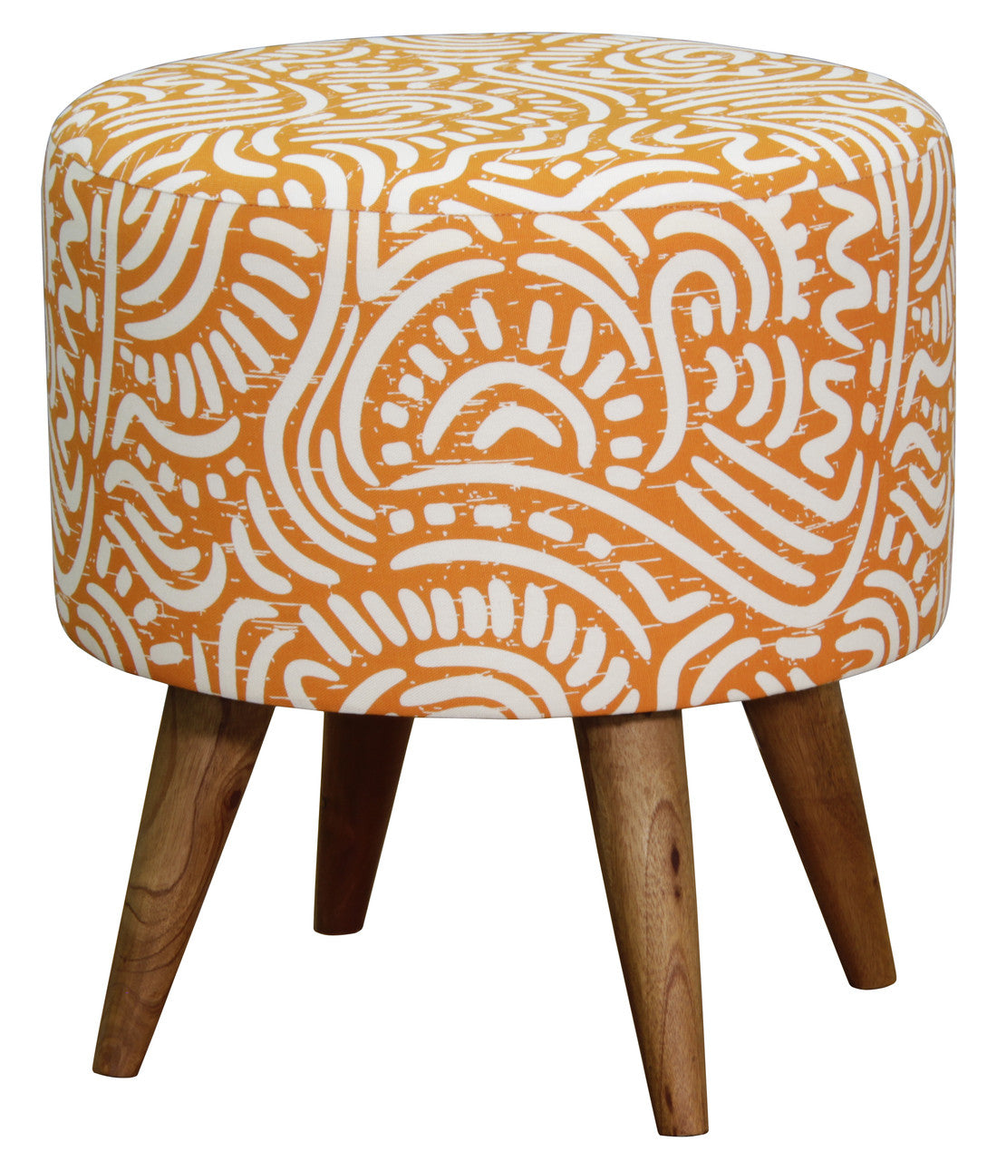 RAILEY ROUND OTTOMAN - COTTON BLEND FABRIC/SOLID TIMBER - 430(H) X 400(W) - BLUE, GREEN, RED AND ORANGE