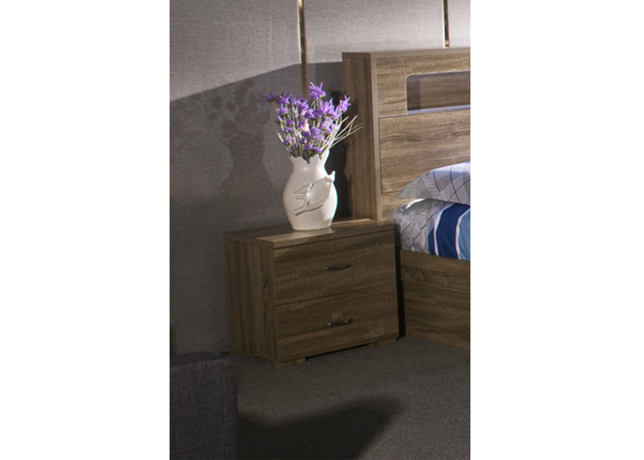 DALLAS 2 DRAWER BEDSIDE TABLE - 500(H) x 550(W) x 400(D) - GREY OAK