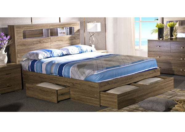 QUEEN DALLAS STORAGE FRONT GAS LIFT OR SIDE DRAWERS BED - 1200(H) - GREY OAK