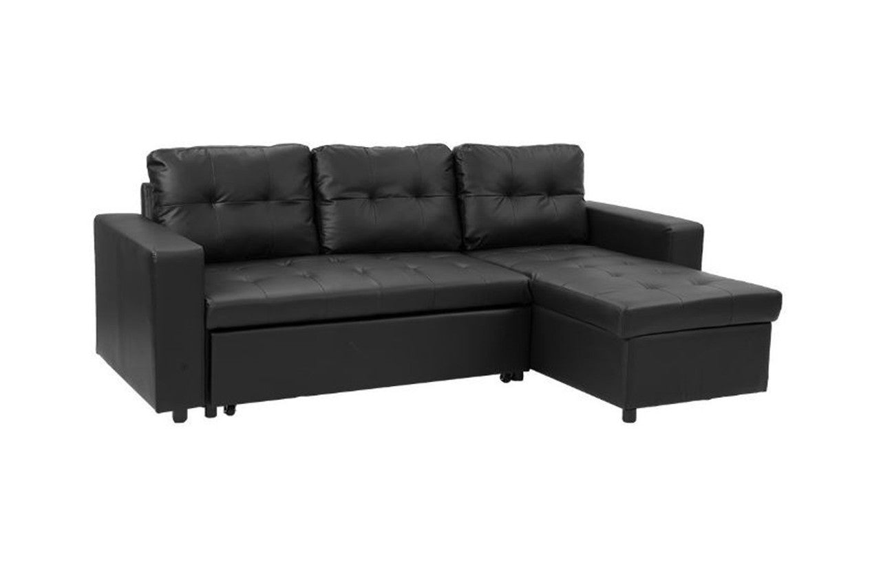 PHALEMIA LEATHERETTE SOFA LOUNGE WITH CHAISE(RF) - SEPARABLE OTTOMAN - BLACK