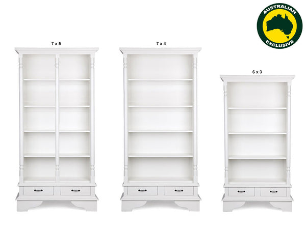PILLAR (AUSSIE MADE) HARDWOOD BOOKCASE WITH 2 DRAWERS COLLECTION - ASSORTED PAINTED COLOURS