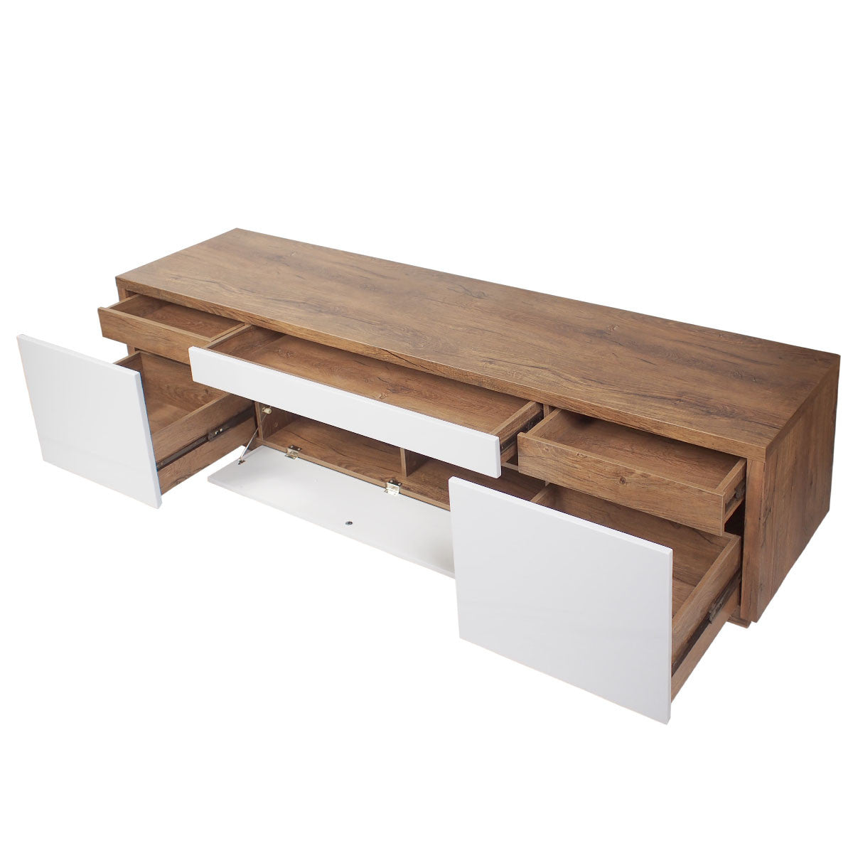 PIPPA TV ENTERTAINMENT LOWLINE UNIT - 550(H) x 2200(W) - HIGH GLOSS WHITE / ANTIQUE OAK