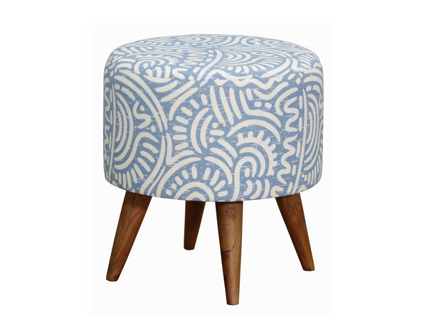 RAILEY ROUND OTTOMAN - COTTON BLEND FABRIC/SOLID TIMBER - 430(H) X 400(W) - BLUE, GREEN, RED AND ORANGE