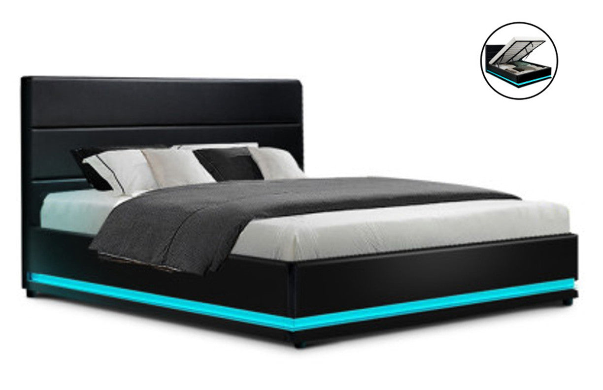 QUEEN RHEMALYN LEATHERETTE GAS LIFT BED - BLACK
