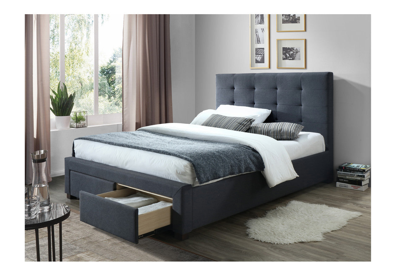 KING SINGLE RHODES VELVET FABRIC BED WITH 1 FRONT DRAWER - DARK GREY