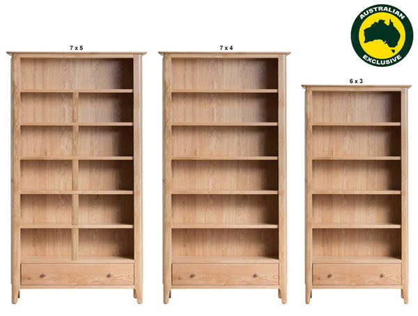 ROBINHOOD (AUSSIE MADE) LARGE BOOKCASE WITH 1 DRAWER COLLECTION - TASSIE OAK COMBINATION - ASSORTED STAINED COLOURS