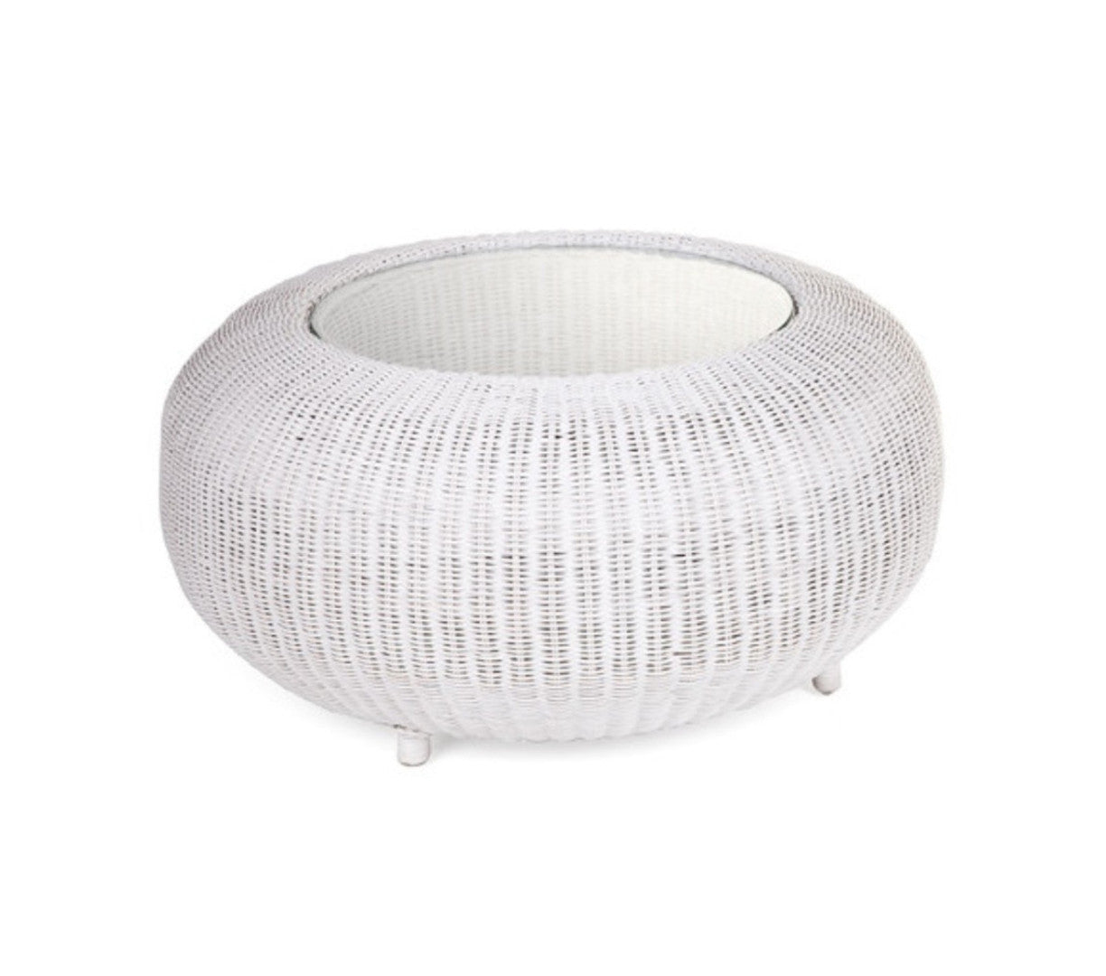 ROUND RATTAN POLE COFFEE TABLE - WITH GLASS TOP 800(D) - SOLID WHITE