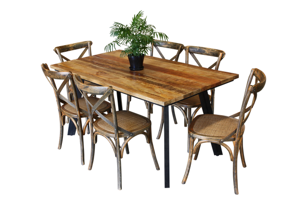RETRO 7 PIECE DINING SETTING WITH CROSSBACK CHAIRS - RUSTIC MANGO