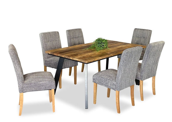 RETRO 7 PIECE DINING SETTING WITH WAFFLE CHAIRS (GREY WITH VINTAGE LEGS) - RUSTIC MANGO