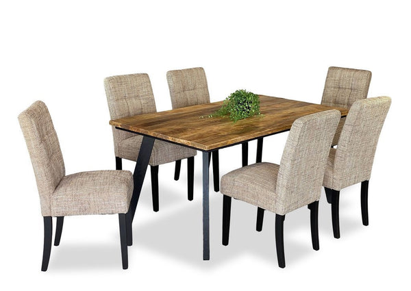 RETRO 7 PIECE DINING SETTING WITH WAFFLE CHAIRS (TWEED WITH BLACK LEGS) - RUSTIC MANGO