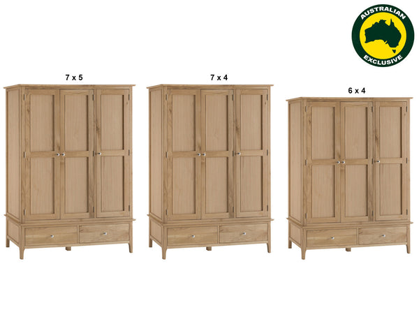 ROBINHOOD (AUSSIE MADE) LARGE 3 DOOR / 2 DOOR WARDROBE COLLECTION - TASSIE OAK COMBINATION - ASSORTED STAINED COLOURS
