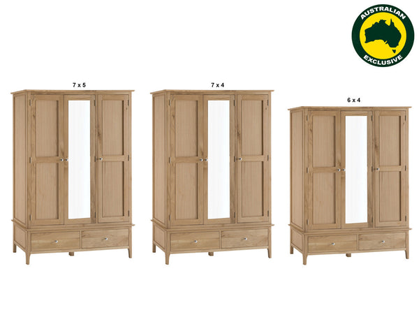 ROBINHOOD (AUSSIE MADE) LARGE 3 DOOR / 2 DOOR WARDROBE WITH MIRROR COLLECTION - TASSIE OAK COMBINATION - ASSORTED STAINED COLOURS