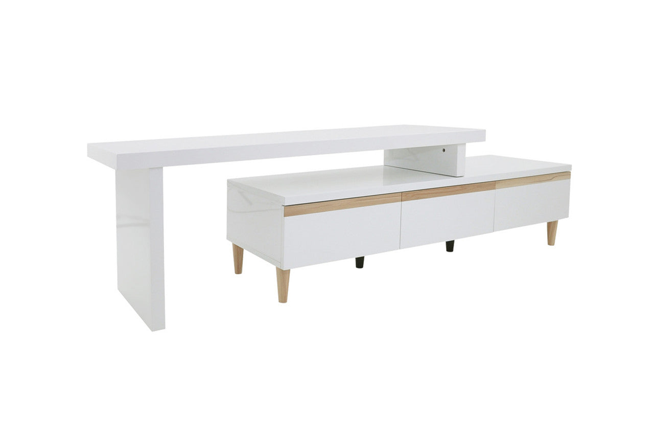 SABRINA EXTENDABLE MODERN TV UNIT - HIGH GLOSS WHITE / CYPRESS TRIM
