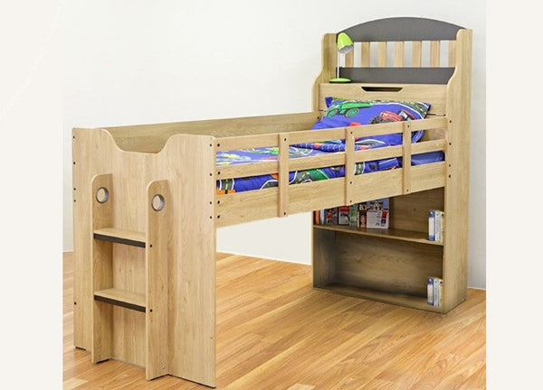 SINGLE TOBY CABIN / MIDI SLEEPER BUNK (EXCLUDING SINGLE UNDER BED & 3 DRAWER CHEST) - OAK / CHARCOAL