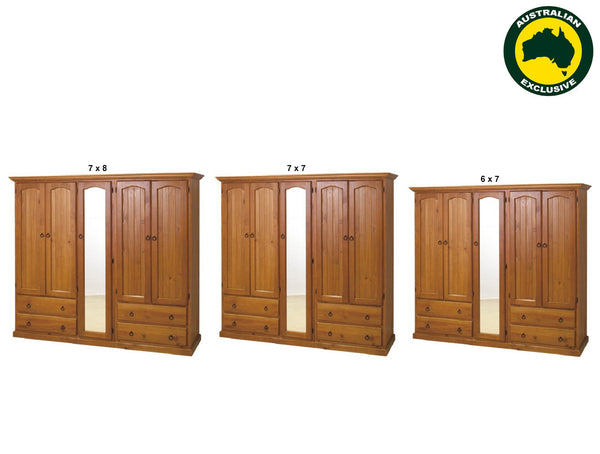 SIMEONE (AUSSIE MADE) 3 PIECE WARDROBE WITH 5 DOORS , 4 DRAWERS AND 4 SHELVES BEHIND MIRROR COLLECTION - ASSORTED STAINED COLOURS