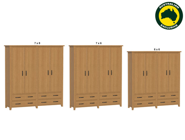SYDNEYSIDE (AUSSIE MADE) 4 DOOR / 4 DRAWER WARDROBE ALL HANGING PIGEON PAIRED (3 SECTION) COLLECTION - TASSIE OAK COMBINATION - ASSORTED COLOURS