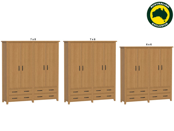 SYDNEYSIDE (AUSSIE MADE) 4 DOOR / 4 DRAWER WARDROBE ALL HANGING PIGEON PAIRED COLLECTION - TASSIE OAK COMBINATION - ASSORTED STAINED COLOURS