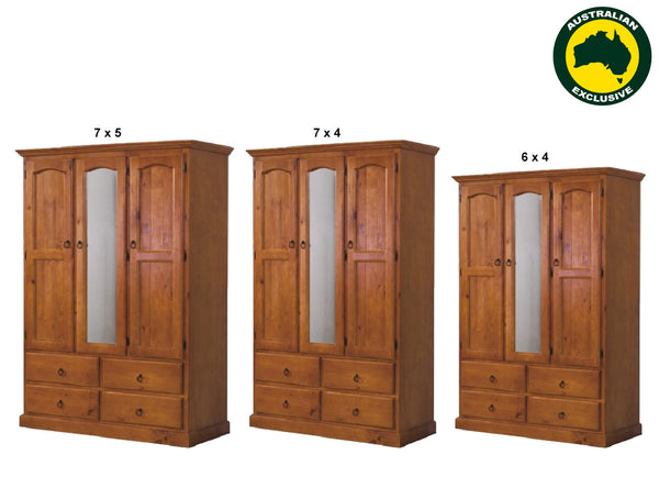 STENTOR (AUSSIE MADE) 3 DOOR / 4 DRAWER MIRROR WARDROBE COMBO (LHS OR RHS FACING) COLLECTION - ASSORTED STAINED COLOURS
