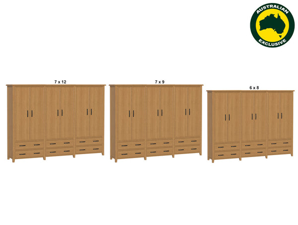 SYDNEYSIDE (AUSSIE MADE) 6 DOOR / 6 DRAWER WARDROBE WITH PICTURE FRAME DOORS (4 SECTIONS) COLLECTION - ASSORTED STAINED COLOURS