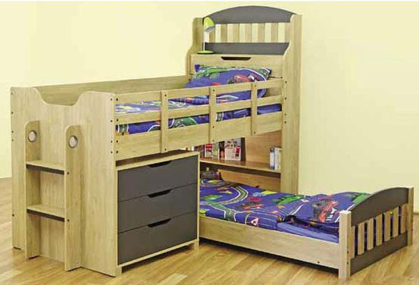 SINGLE TOBY CABIN / MIDI SLEEPER BUNK WITH SINGLE LOW (UNDER) BED - OAK / CHARCOAL