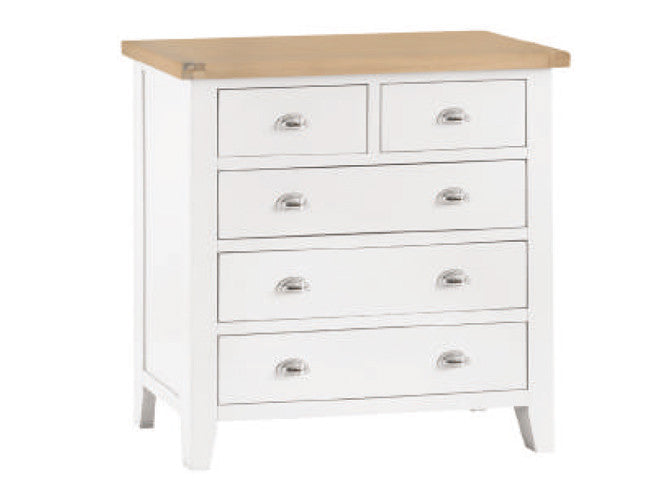 SPENCER (TT-2O3-W) 5 DRAWER SPLIT TOP TALLBOY - 950(H) X 900(W) - BRIGHT WHITE / LIGHT OAK (2 TONE)