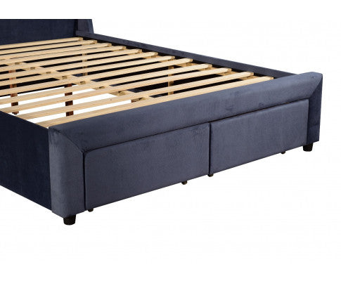 QUEEN PIXIE FABRIC BED WITH UNDERBED DRAWERS - NAVY BLUE