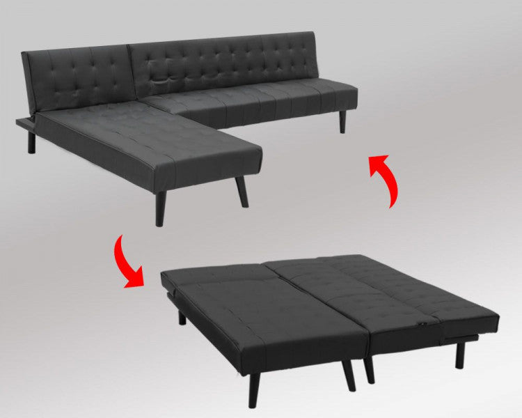 MONET 3-SEATER FAUX LEATHER SOFA BED LOUNGE CHAISE COUCH - BLACK