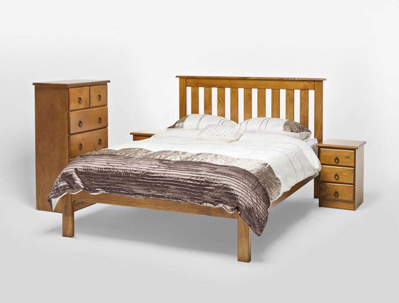 QUEEN VEGAS / CRONULLA BED WITH DOONER FOOT - GREYWASH , BALTIC , WALNUT
