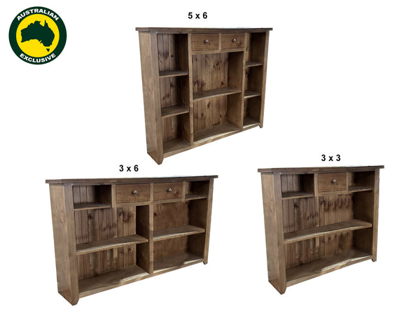 URBAN (AUSSIE MADE) LOWLINE BOOKCASE WITH DRAWERS COLLECTION - ASSORTED STAINED COLOURS