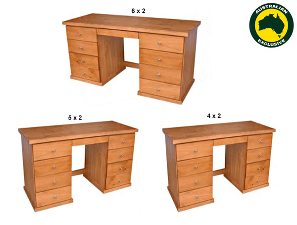 URBAN (AUSSIE MADE) THICK TOP TIMBER DESK (REVERSIBLE) WITH 9 DRAWERS - ASSORTED STAINED COLOURS