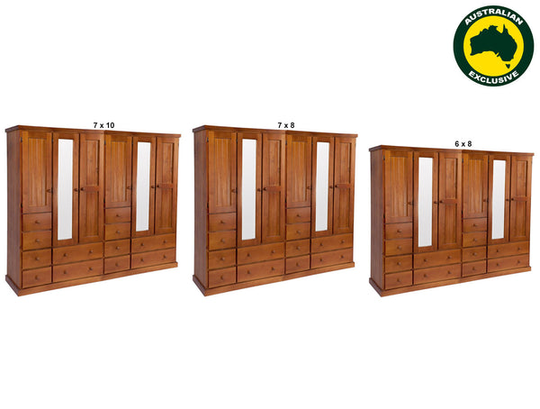 URBAN (AUSSIE MADE) FLAT TOP WARDROBE 6 DOORS / 12 DRAWERS WITH MIRROR COLLECTION - ASSORTED STAINED COLOURS