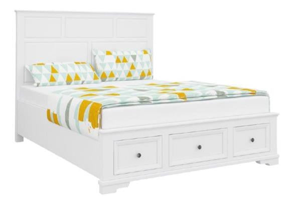 QUEEN CHANELLE BED PANEL BED WITH FOOTEND STORAGE DRAWERS (22-9-5-14-14-1) - WHITE