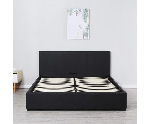 KING UMBREON LINEN FABRIC FRONT GAS LIFT BED FRAME WITH PLATFORM STORAGE - BLACK