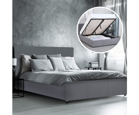 KING UMBREON LINEN FABRIC FRONT GAS LIFT BED FRAME - GREY