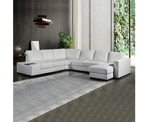 ELOWEN BONDED LEATHER U-SHAPED SOFA WITH RIGHT CHAISE LOUNGE SUITE - WHITE