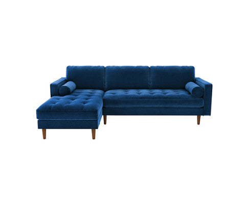NASHA 2 SEATER VELVET FABRIC SOFA WITH CHAISE LOUNGE SETTING - NAVY BLUE