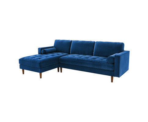 NASHA 2 SEATER VELVET FABRIC SOFA WITH CHAISE LOUNGE SETTING - NAVY BLUE