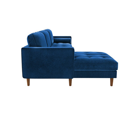 NASHA 2 SEATER VELVET FABRIC SOFA WITH CHAISE LOUNGE SETTING - NAVY BLUE