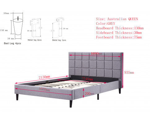 DELUXE QUEEN FABRIC BED FRAME- GREY